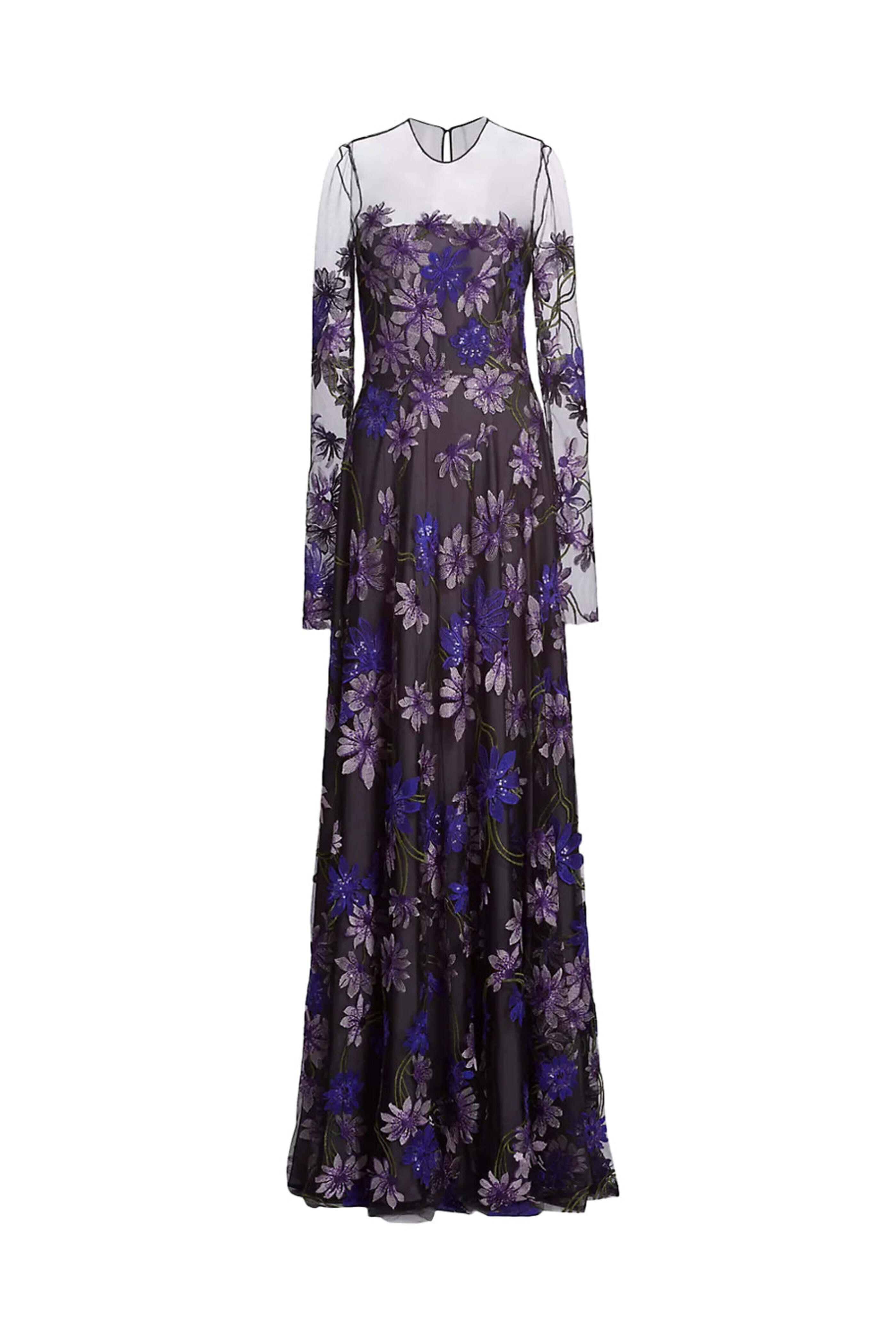 Naeem Khan - Lilac and Cobalt Floral Embellished Illusion Gown