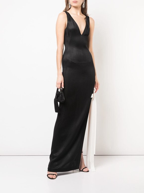Galvan - Laced Black Jersey Side Tie V-Neck Gown