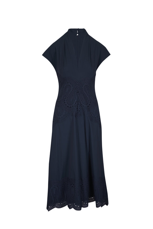 Lela Rose V-Neck Navy Blue Lace Midi Dress