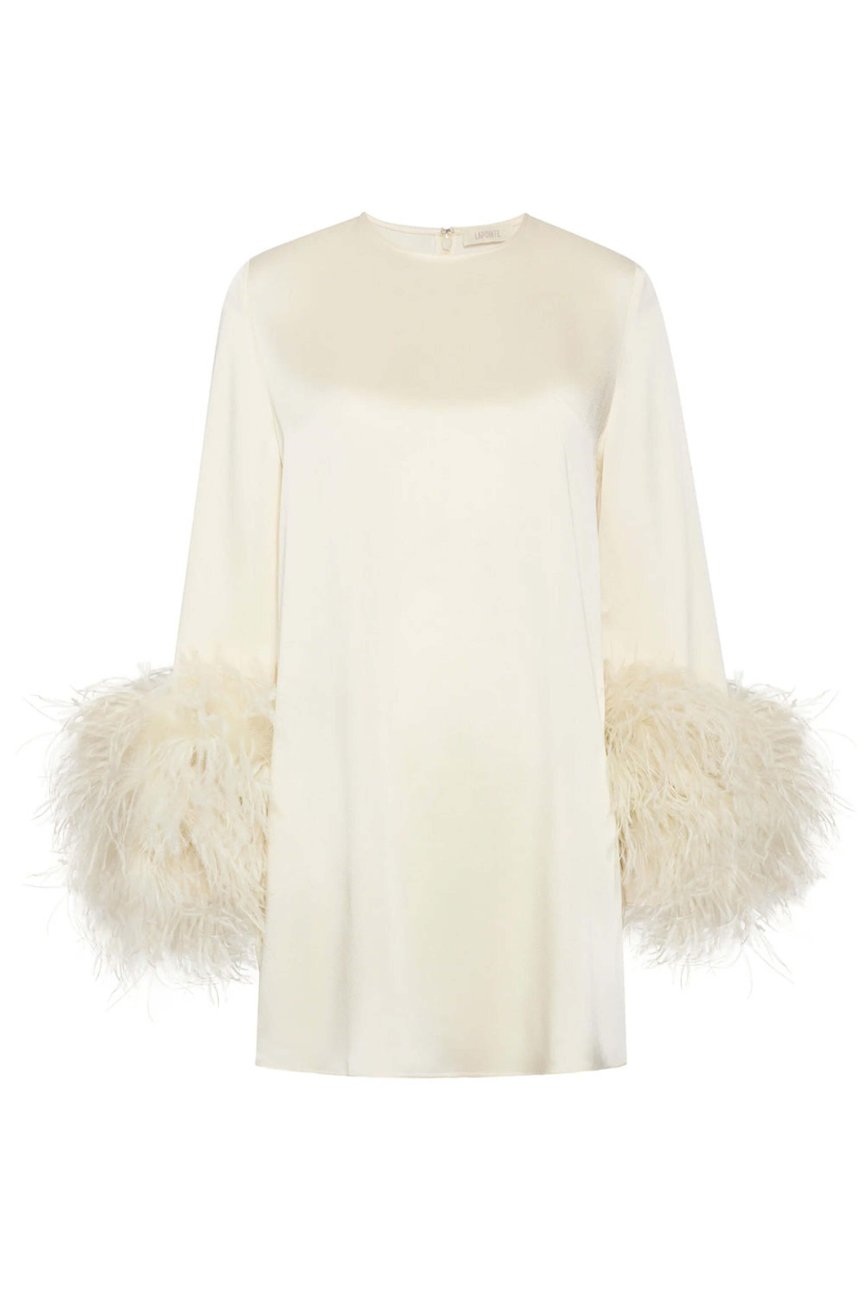 LaPointe - Cream Satin Ostrich Feather Shift Dress