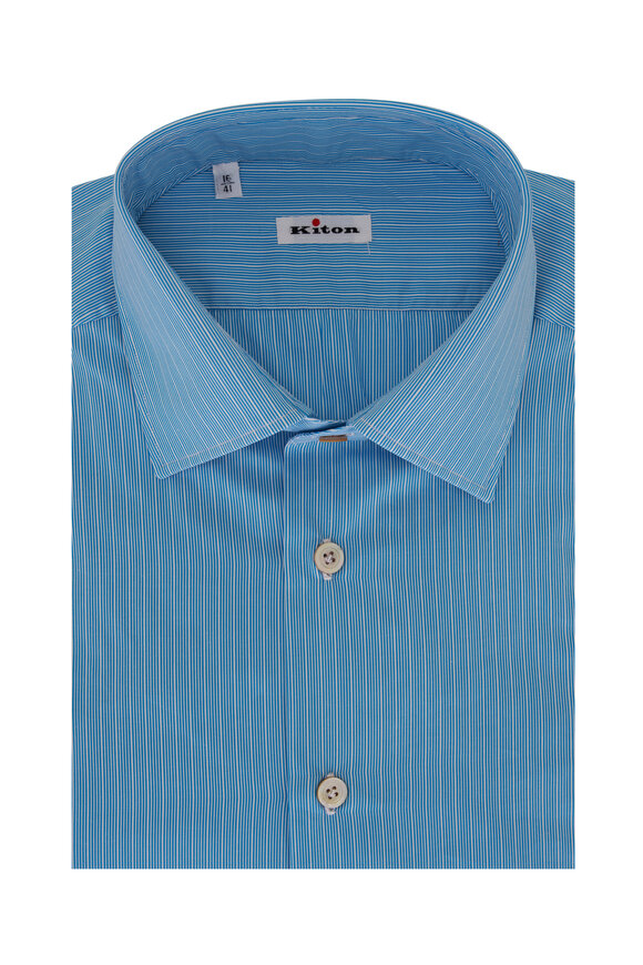 Kiton - Teal Striped Cotton Dress Shirt 