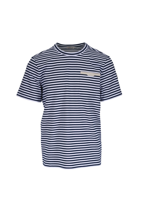 Moncler Navy & White Stripe Stretch Cotton T-Shirt