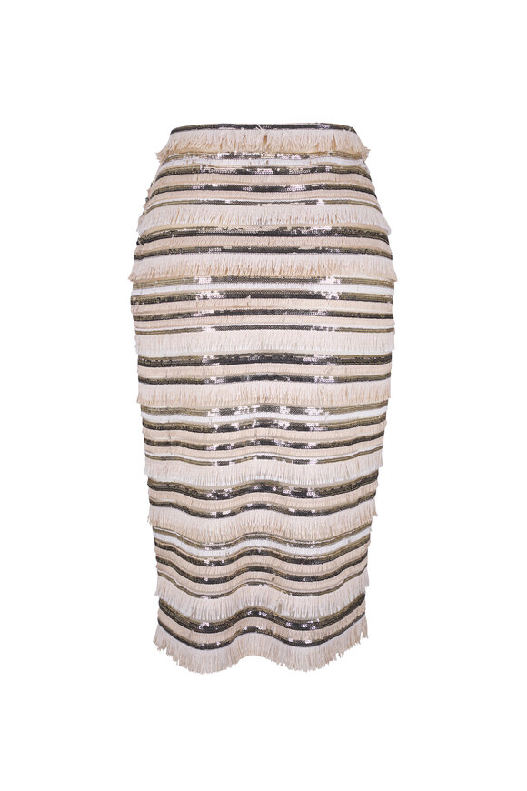 Kiton Beige Sequin & Fringe Stripe Midi Skirt - view 3