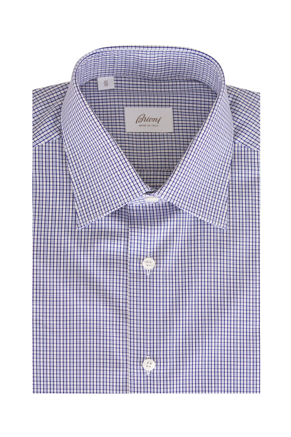 Charvet チェック柄ドレスシャツ M〜L Charvet - Blue Cotton Mini Check Textured Dress Shirt