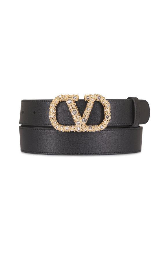 Valentino Garavani VLogo Rhinestone Black Leather Belt, 30mm - view 1