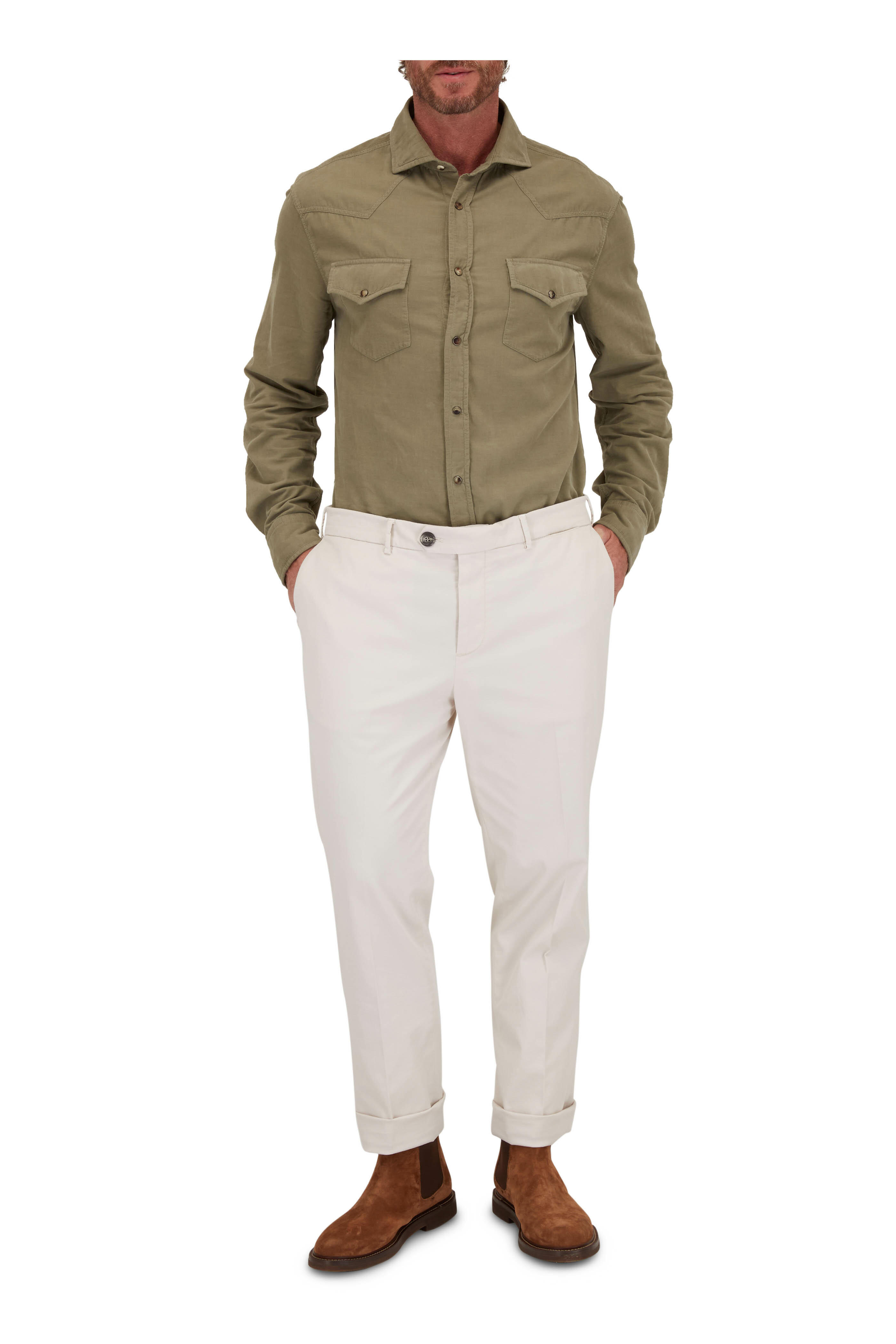 Brunello Cucinelli - Olive Corduroy Western Shirt