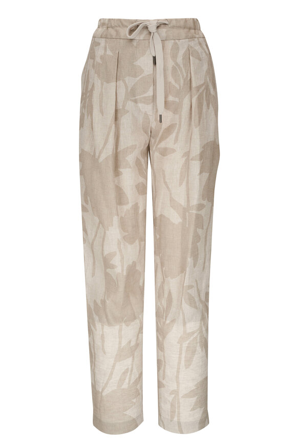 Beige Elasticated linen-blend gauze wide-leg trousers, Brunello Cucinelli