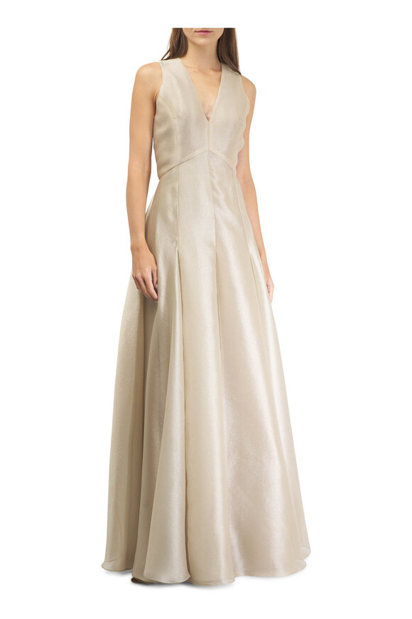 Olivine Gabbro - Gold V-Neck Evening Gown