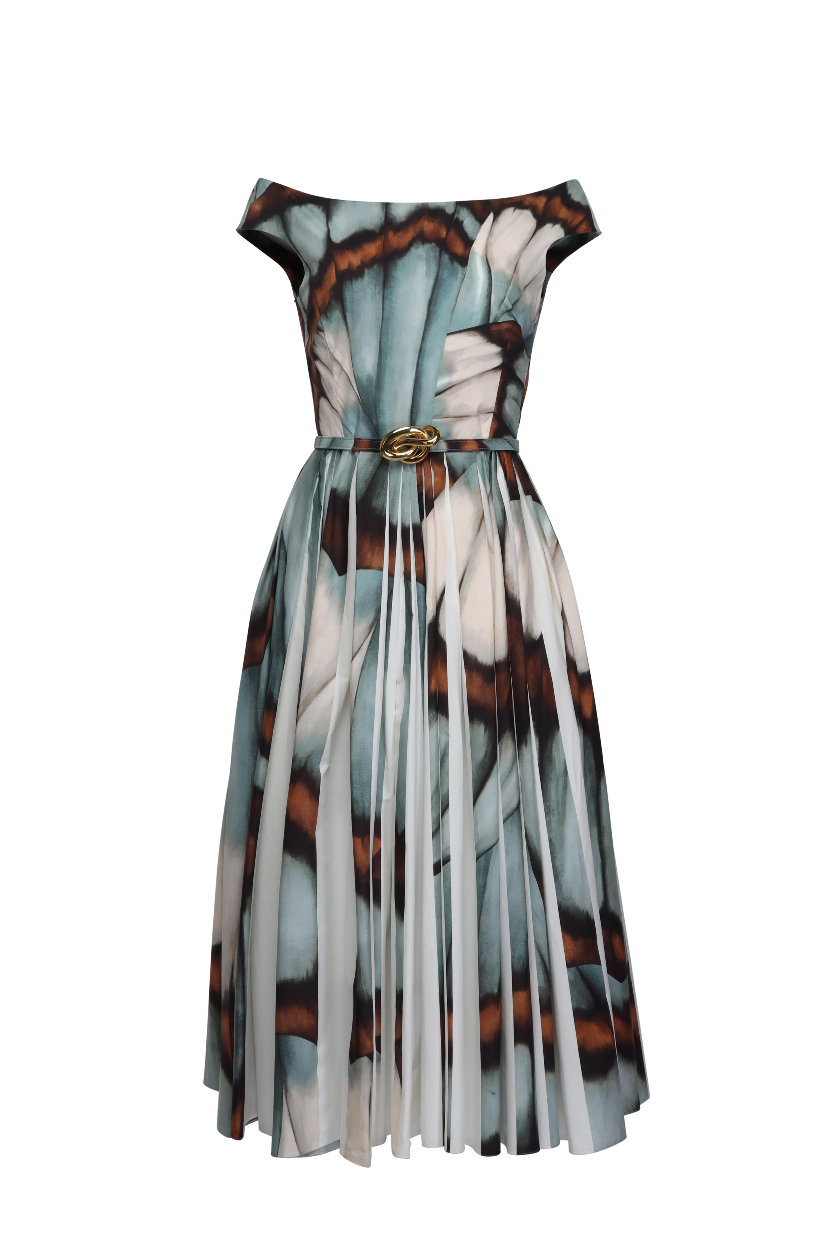 Oscar de la Renta - Blue Abstract Butterfly Belted Pleat Dress