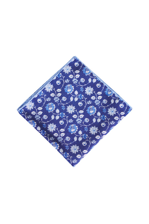 Paolo Albizzati Dark Blue Floral Print Silk Pocket Square