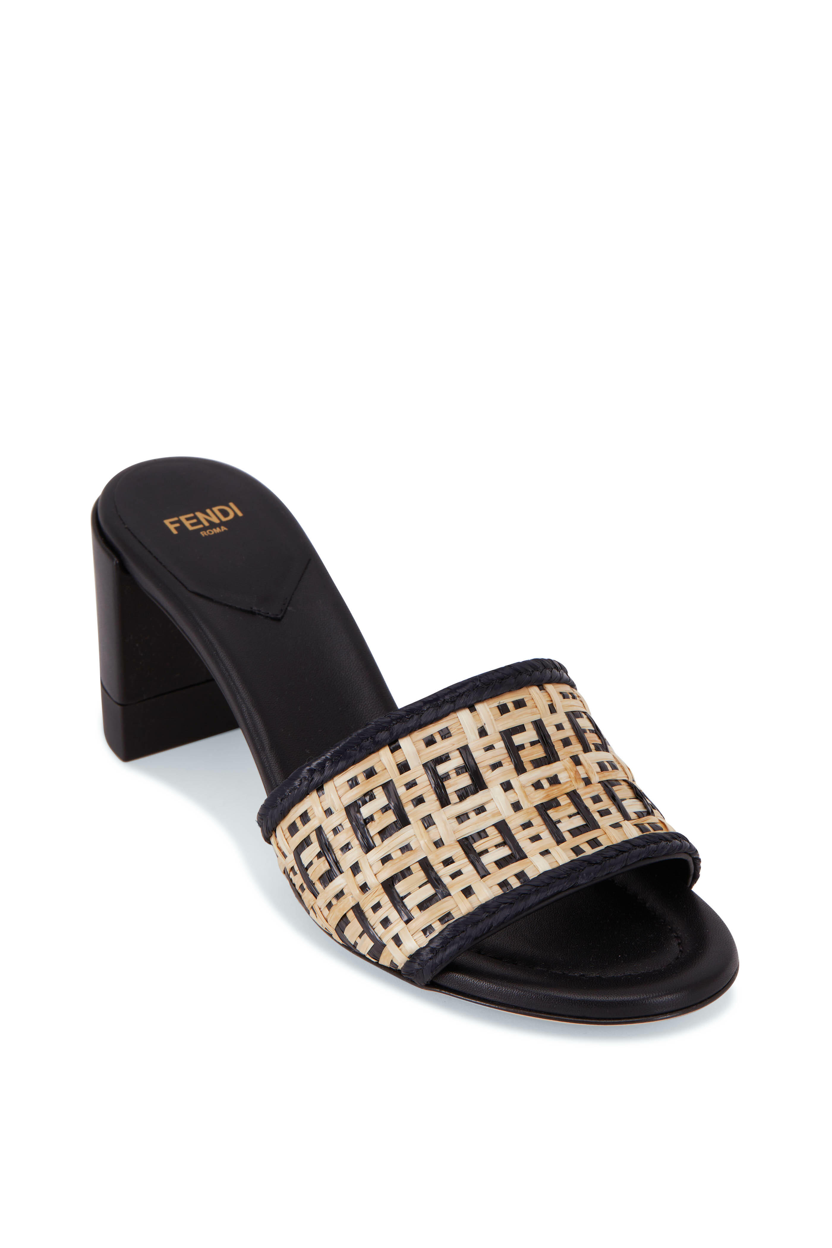 FENDI フェンディ 刺繍入りミュール Fendi - Natural & Black Interlace Slide, 65mm | Mitchell Stores