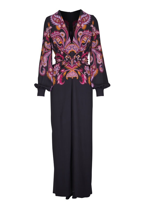 Etro Black & Pink Print Jersey Maxi Dress