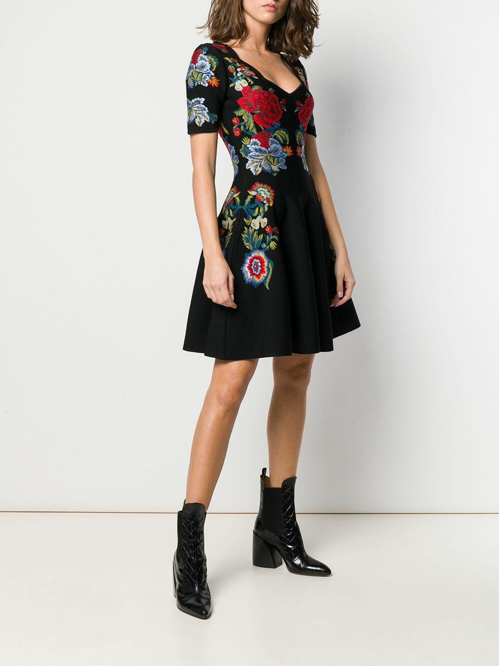 McQueen - Black Floral Jacquard Knit Mini Dress