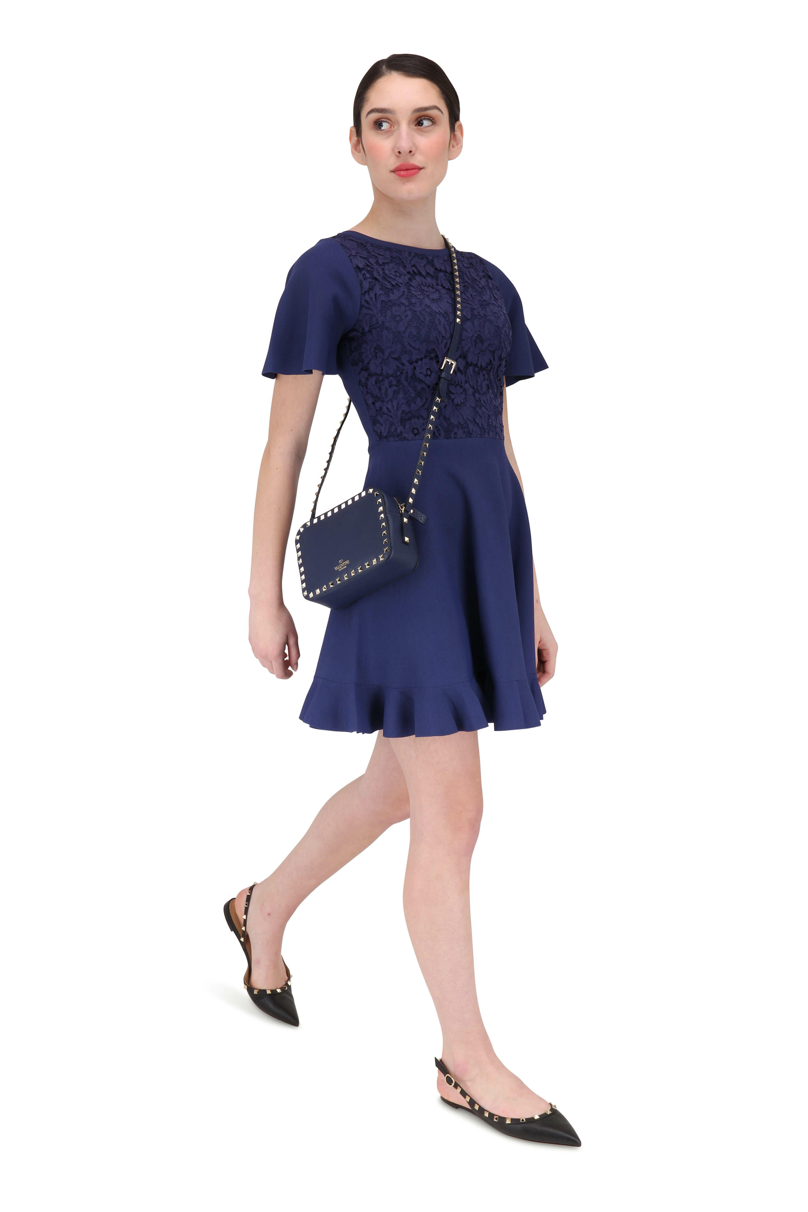 Valentino - Navy Lace Short Sleeve Knit Fit & Flare Dress