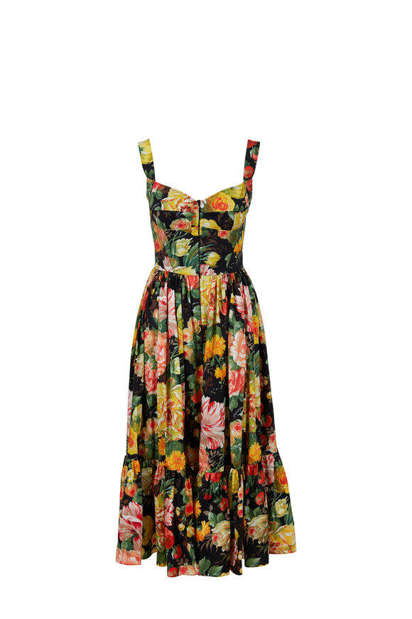 Dolce & Gabbana - Black & Yellow Floral Printed Fit-To-Flare Dress