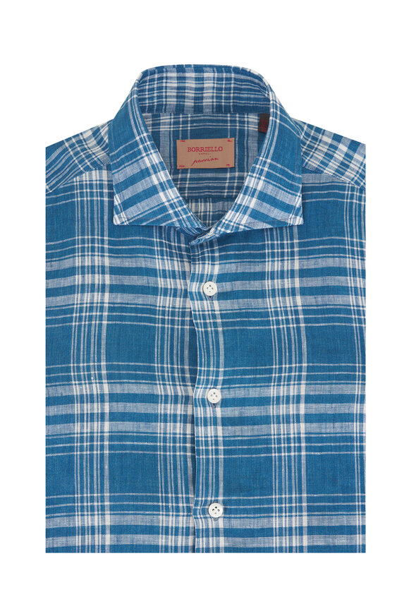 Borriello Blue Plaid Linen Dress Shirt