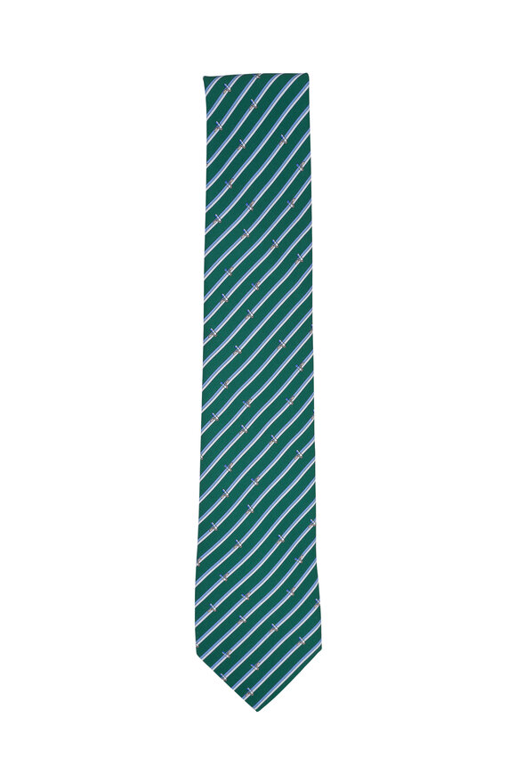 Ferragamo - Green, Blue & White Brush Print Striped Necktie