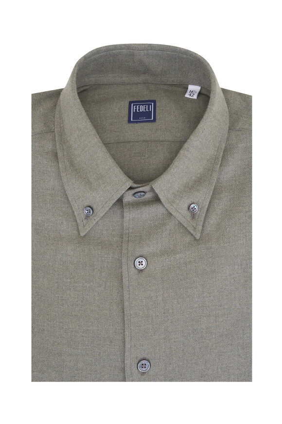 Fedeli Solid Olive Cotton Sport Shirt