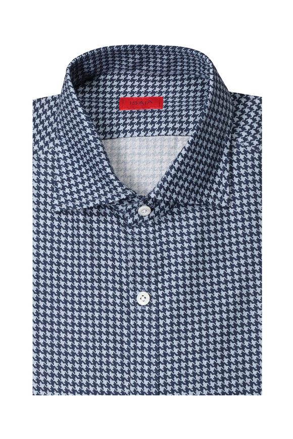 Isaia Blue Cotton Houndstooth Sport Shirt - view 1