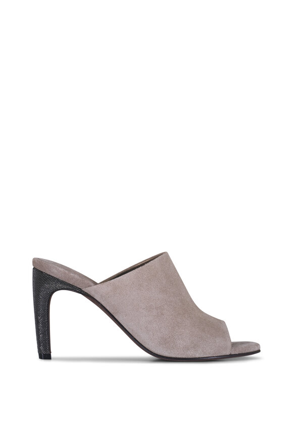 Brunello Cucinelli Taupe Suede Monili Heel Mule, 80mm - view 3