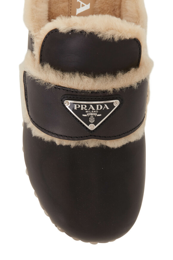Prada - Black Leather Stud Shearling Lined Clog, 45mm
