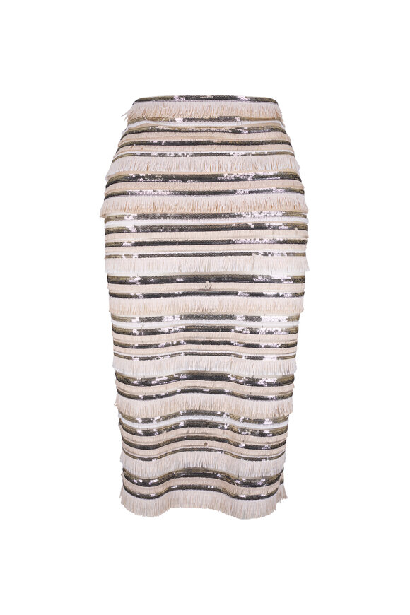 Kiton Beige Sequin & Fringe Stripe Midi Skirt