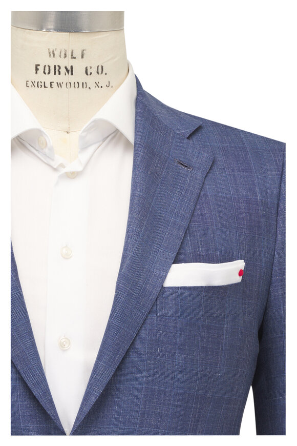 Kiton Slate Blue Tonal Plaid Wool, Silk & Linen Suit