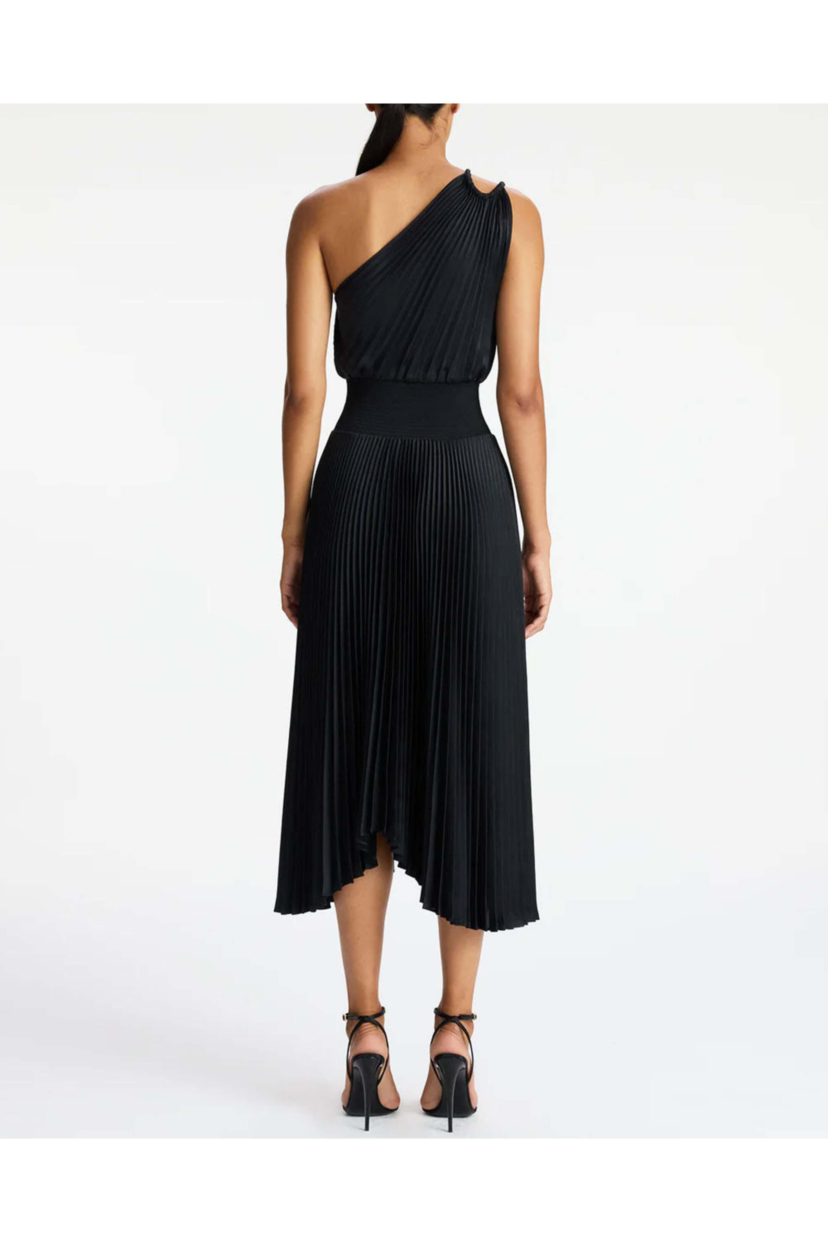 A.L.C. - Black Ruby Satin Pleated Midi Dress
