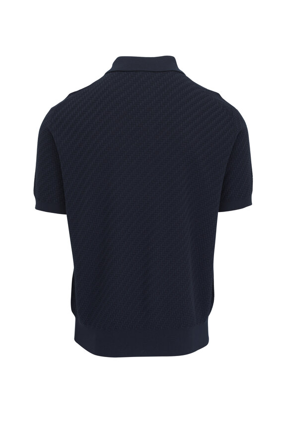 Brioni Trama Silk Navy Blue Textured Short Sleeve Polo - view 3