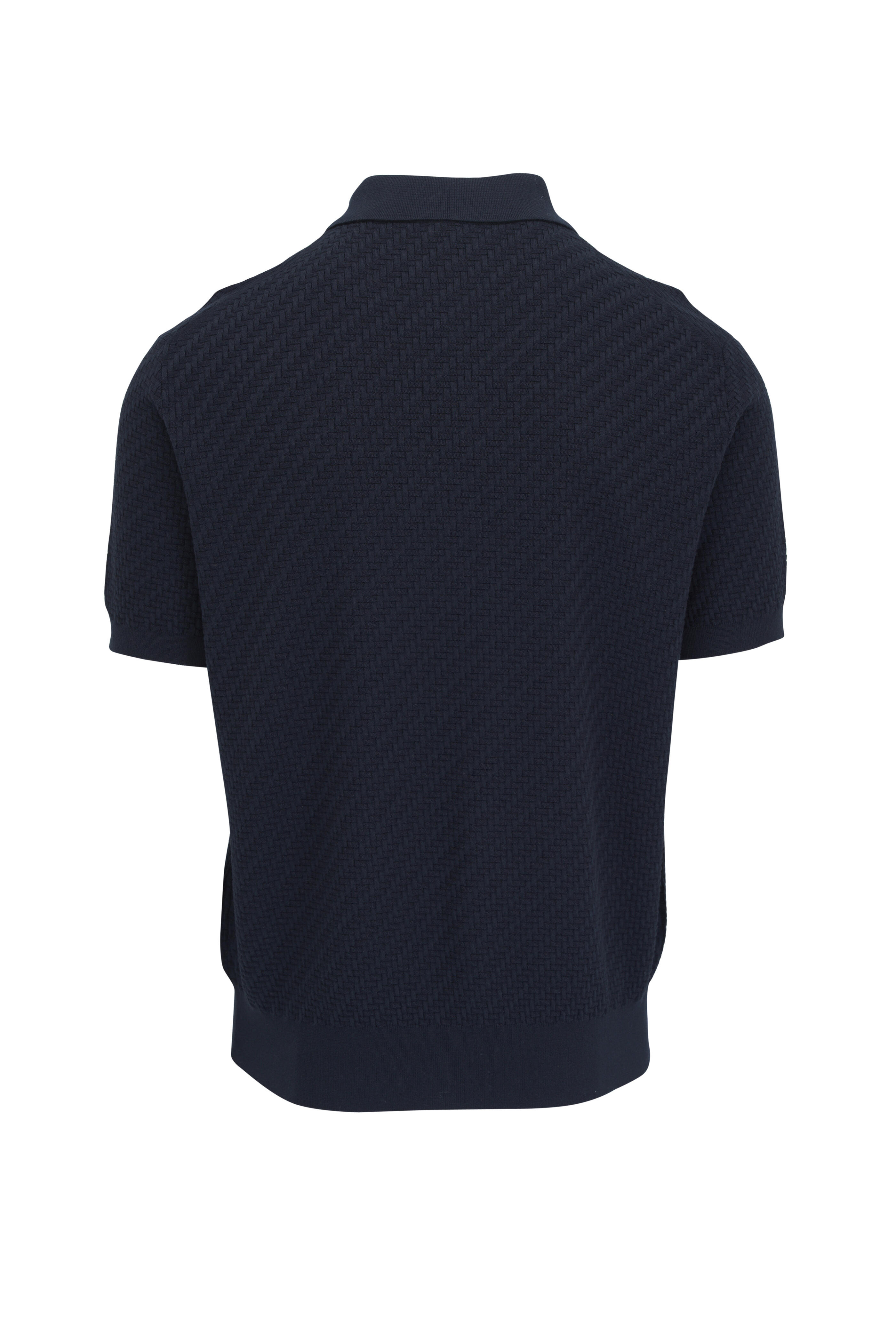 Brioni - Trama Silk Navy Blue Textured Short Sleeve Polo