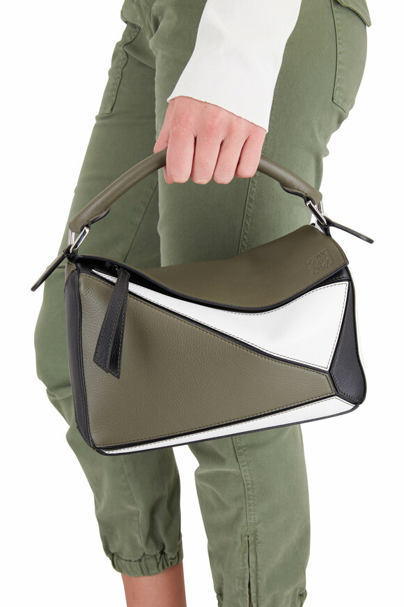 Loewe - Small Puzzle Khaki & White Leather Shoulder Bag 