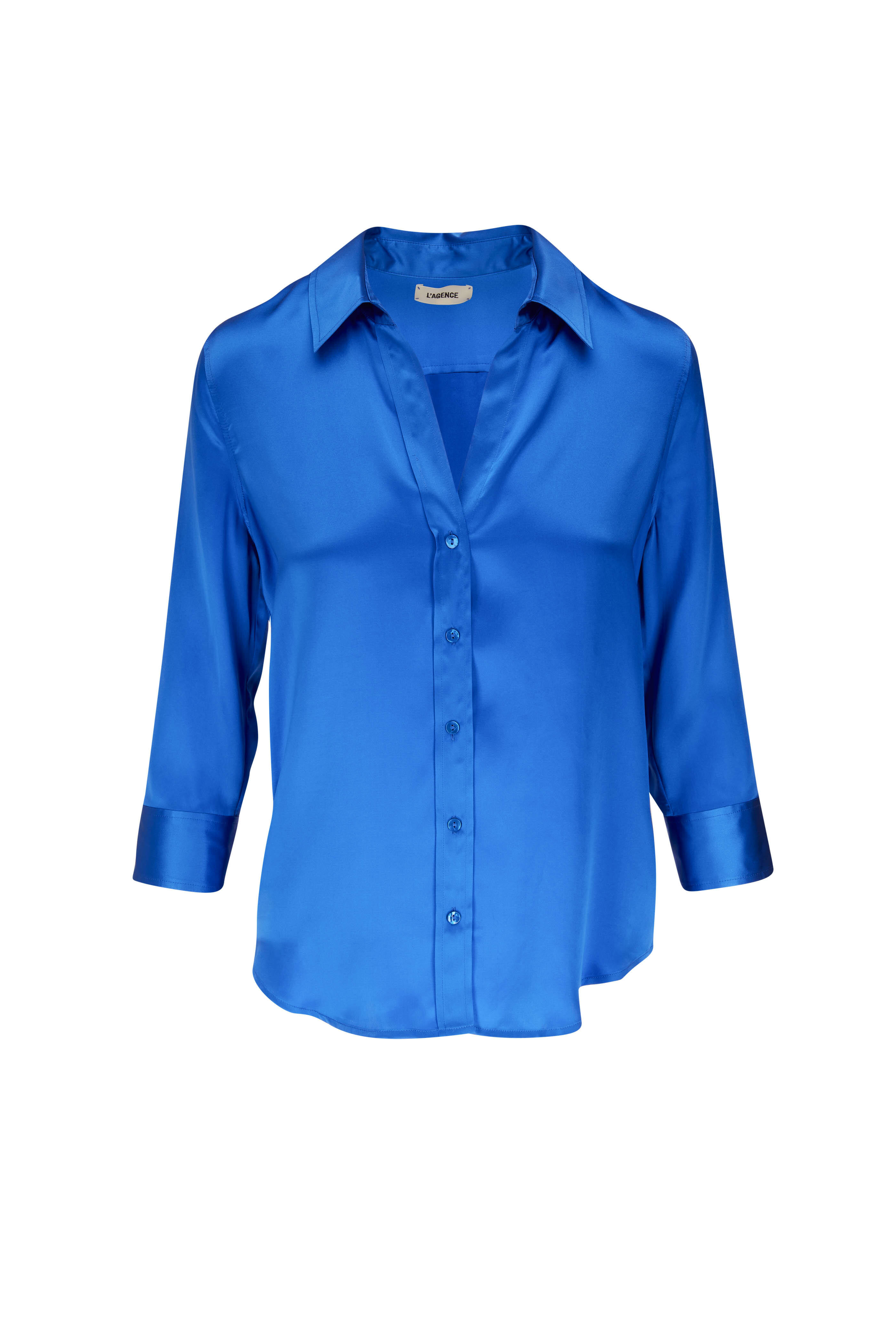 L'Agence - Dani Blue Silk Three-Quarter Sleeve Blouse