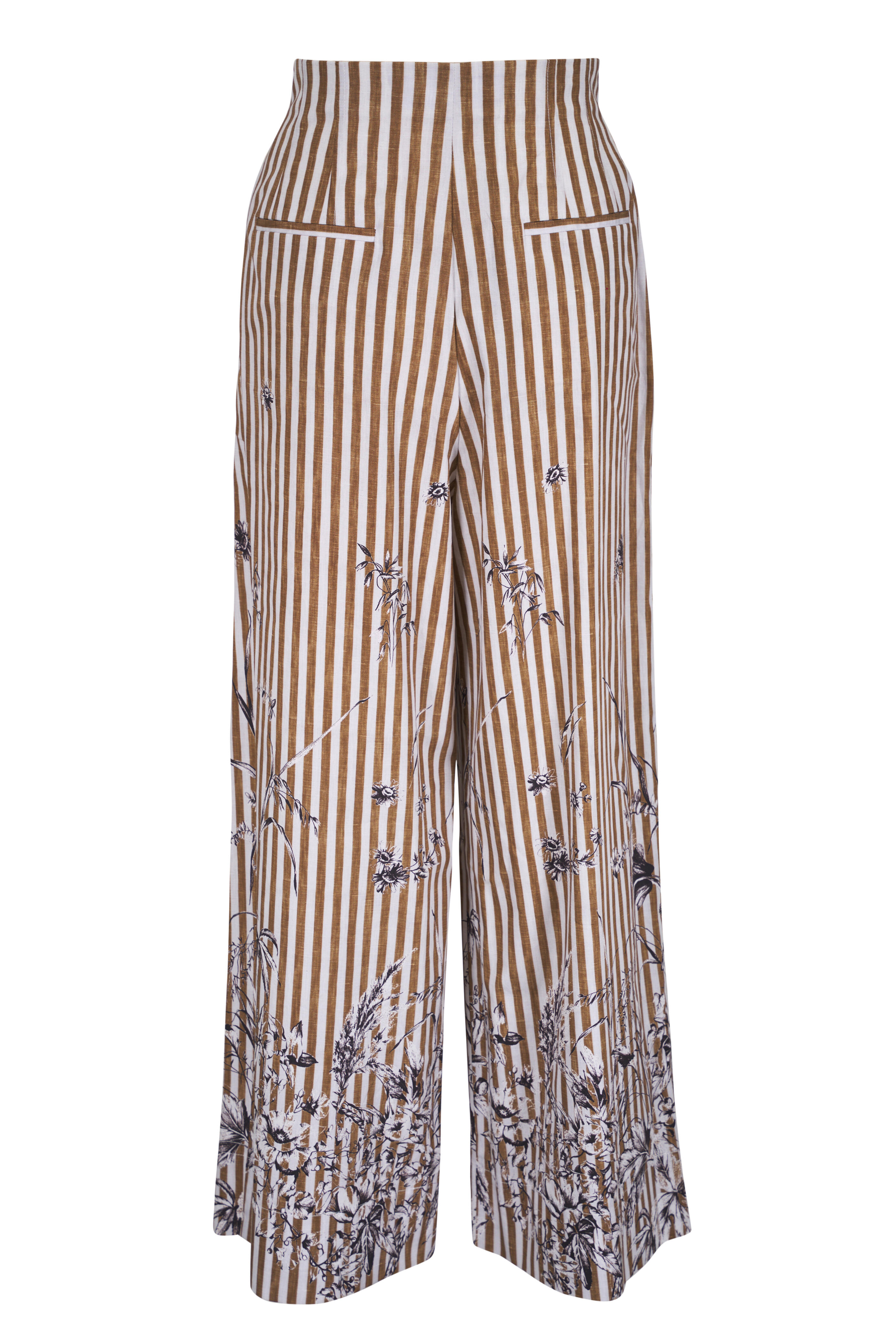 Lela Rose - Walnut Printed Floral Poplin Stripe Wide Leg Pant