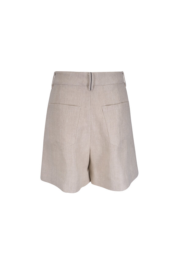 Brunello Cucinelli Beige Cotton & Linen Herringbone Shorts - view 3