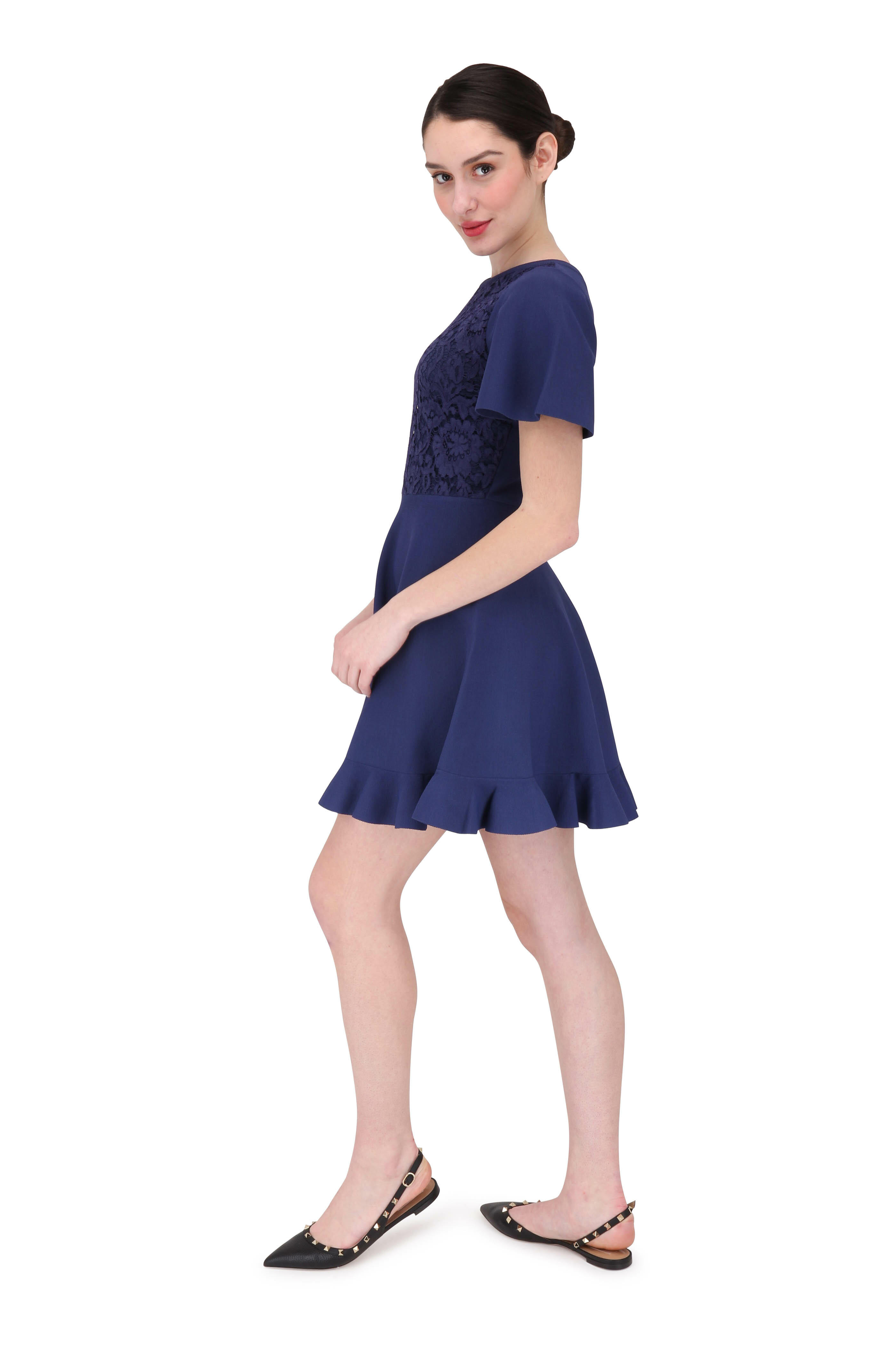 Valentino - Navy Lace Short Sleeve Knit Fit & Flare Dress