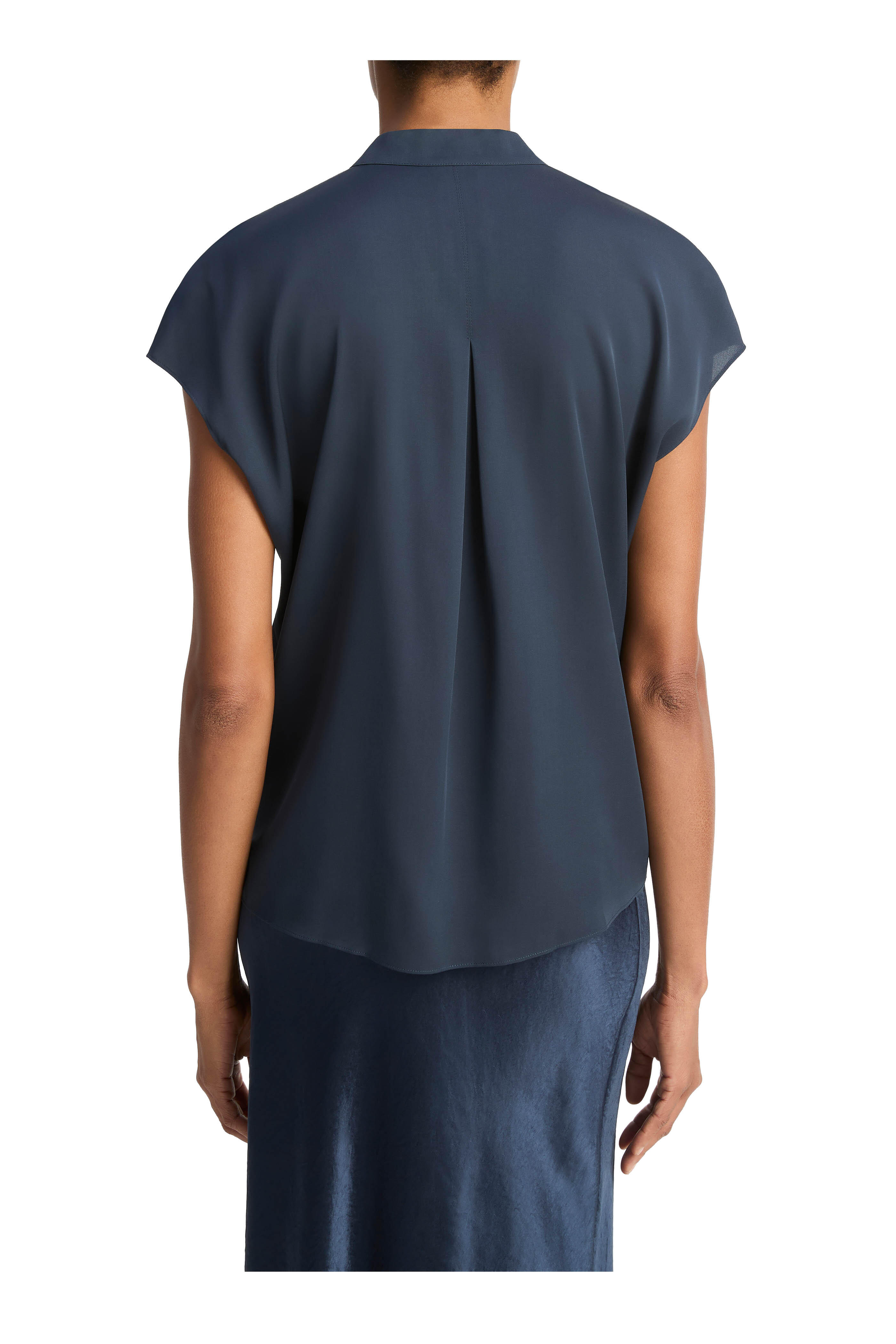 Vince - Blue Contrast Placket Silk Cap Sleeve Blouse