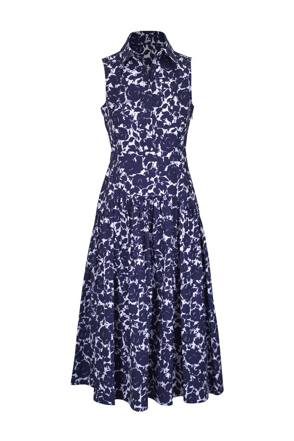 Michael Kors Collection Blue & White Floral Drop Waist Shirt Dress