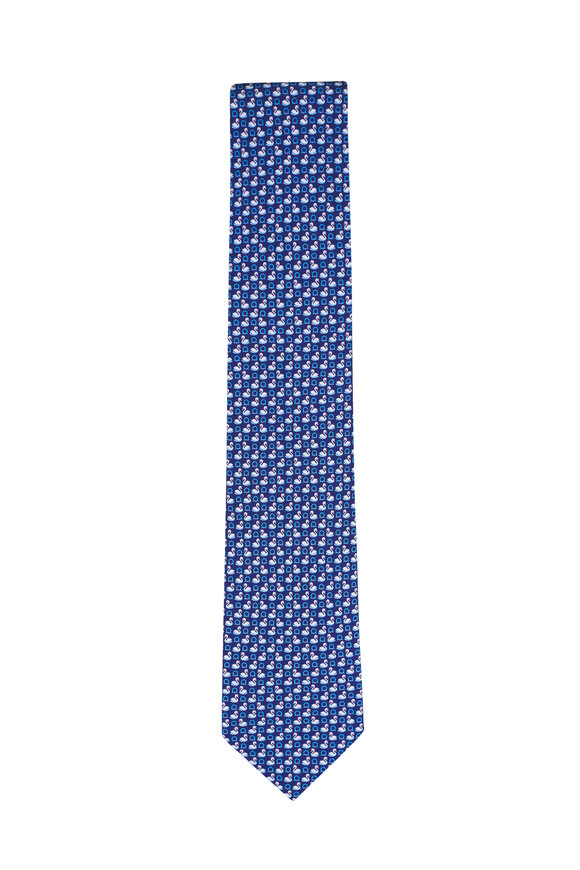 Ferragamo Navy Blue Swan Print Silk Necktie