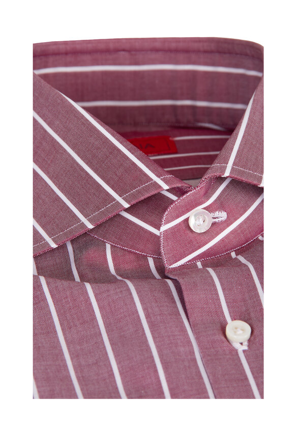 Isaia Burgundy & White Stripe Cotton Sport Shirt - view 2