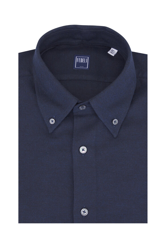 Fedeli Solid Navy Cotton Sport Shirt