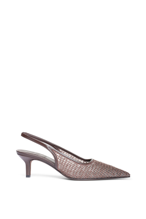 Brunello Cucinelli Embroidery Dark Brown Net City Slingback, 55mm - view 2