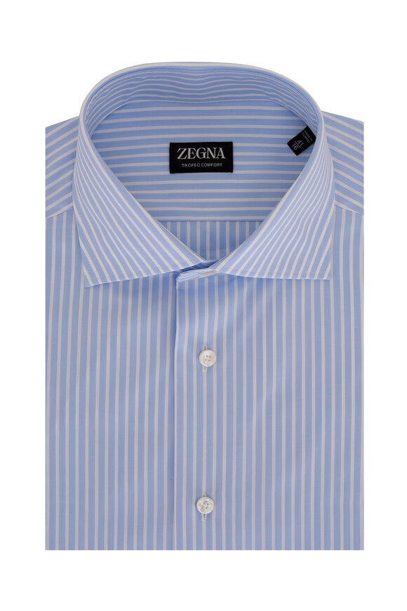 Zegna - Blue & White Stripe Cotton Dress Shirt