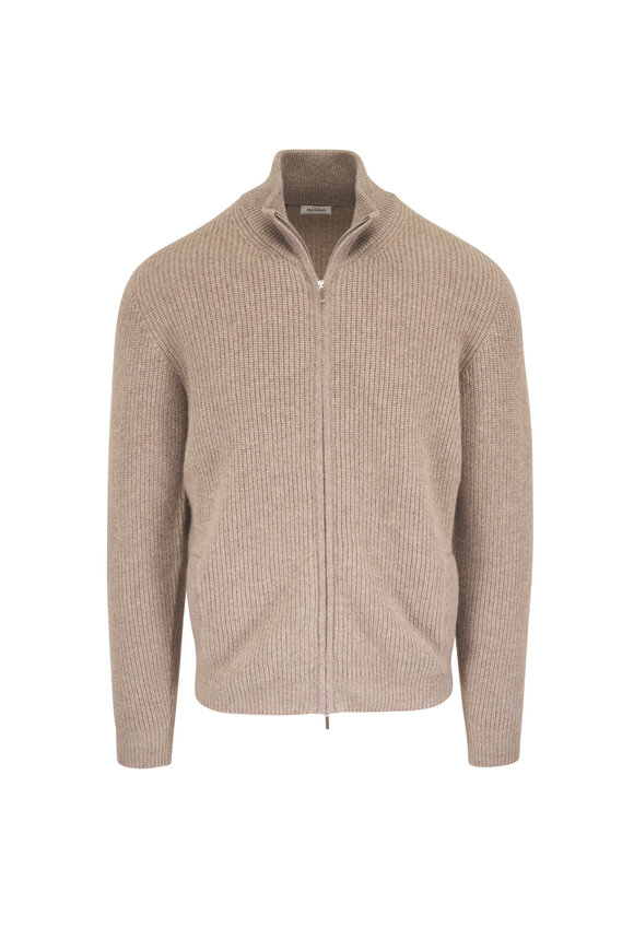 Atelier Munro Taupe Cashmere Full Zip Ribbed Sweater - view 1