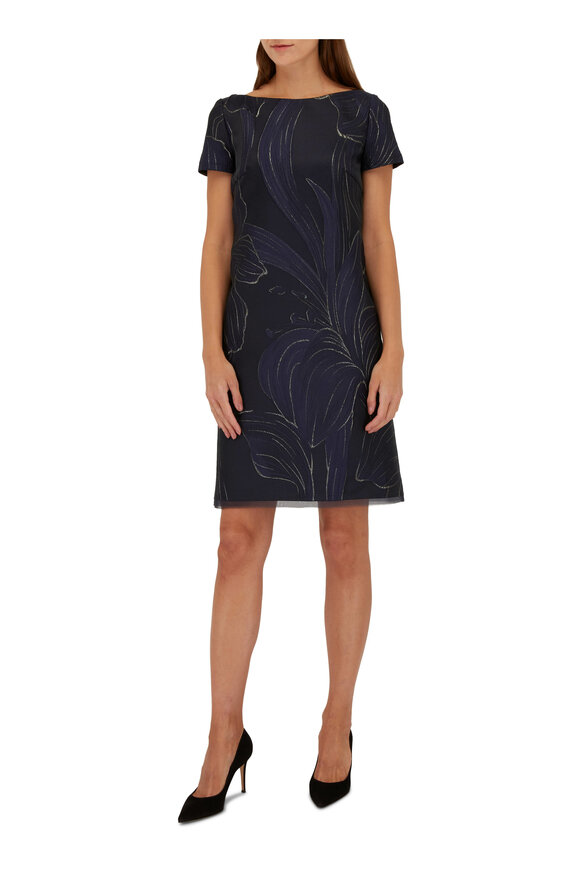 Talbot Runhof - OSO343 Navy Floral Jacquard Cocktail Dress