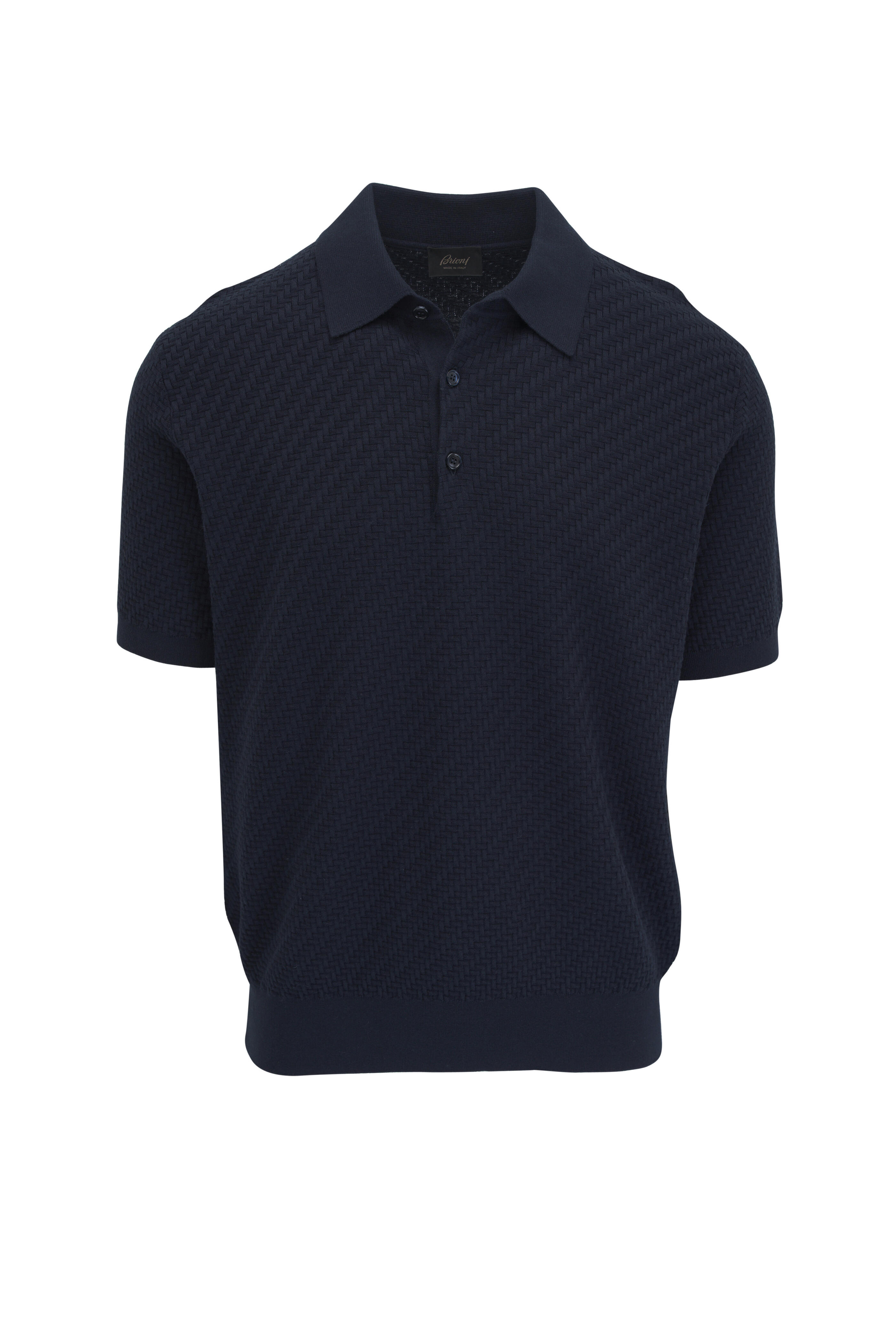 Brioni - Trama Silk Navy Blue Textured Short Sleeve Polo