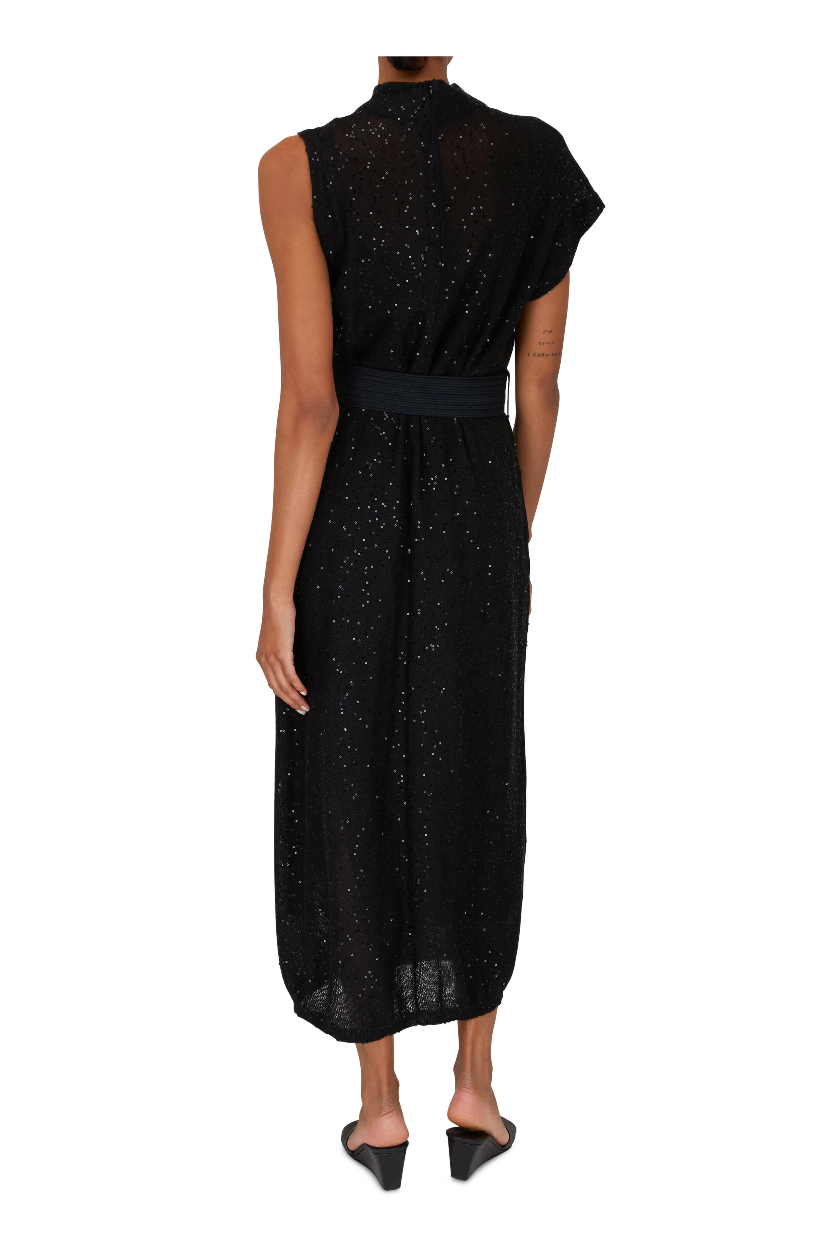 Brunello Cucinelli - Black Linen & Silk Paillette Mockneck Belted Dress