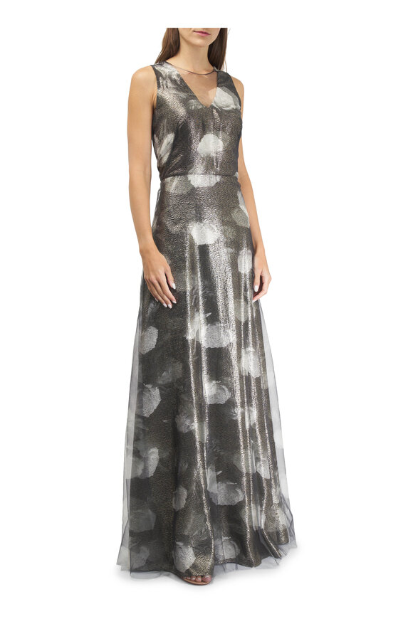 Olivine Gabbro - Lamé Tulle Overlay Evening Gown