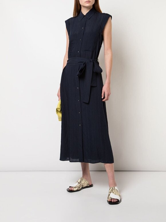 Vince - Marine Blue Tonal Striped Belted Shirtdress