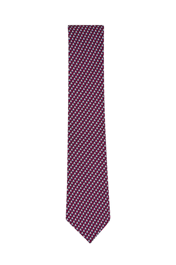 Zegna Dark Red Sailboat Print Silk Necktie - view 1