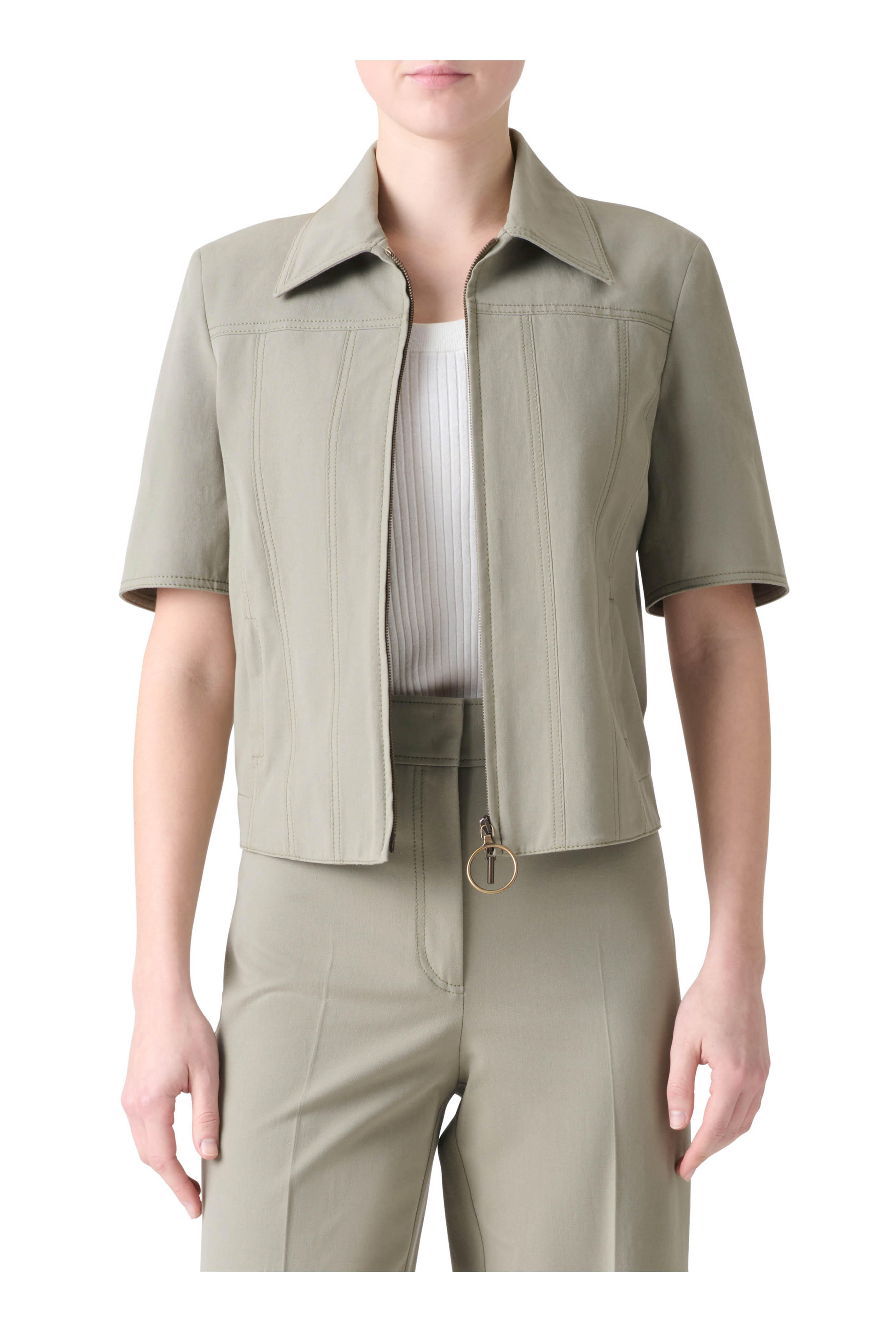 美品　AKRIS punto ジップアップ　ジャケット　コットン　総柄　おしゃれ Akris Punto - Khaki Cotton Short Sleeve Shirt Jacket